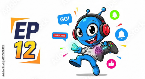 Cartoon blue alien character wearing headphones and holding gamepad surrounded by social media icons and speech bubbles on white background vibrant colors dynamic pose