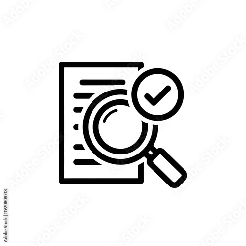 Analytical Document Review Icon with Magnifying Glass and Checkmark for Data Inspection