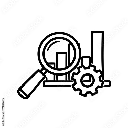 Analytical Research and Data Inspection with Magnifying Glass and Gear Icons