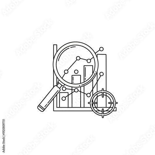 Analyzing Business Growth Charts with Magnifying Glass and Target Symbol for Data Insights