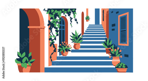 A vibrant mediterranean scene depicts a blue and orange stairway with lush greenery showcasing a captivating silhouette high quality professional detailed