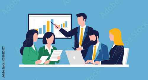 A modern business meeting is depicted with a team discussing data presented on a screen styled as a silhouette high quality
