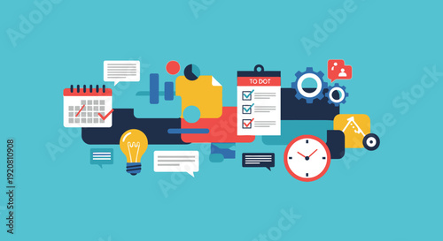 A colorful flat design featuring business icons like calendars clocks and lightbulbs presented as a silhouette high quality professional detailed modern