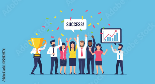 A group of celebrating professionals with a trophy and confetti all presented as a striking silhouette high quality professional detailed modern