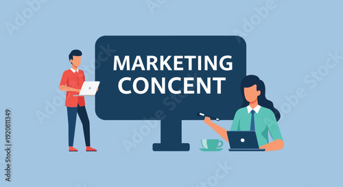 A flat design illustration shows marketing concepts with a person presenting and another taking notes silhouette high quality professional detailed modern