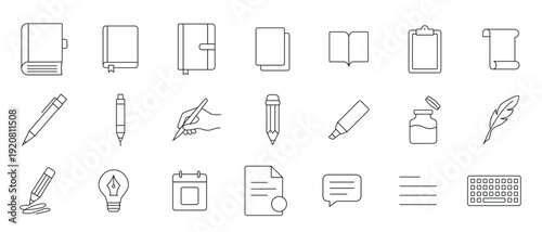 Minimal Education and Writing Line Icons Set – Modern Outline Stationery, Book and Office Vector Collection