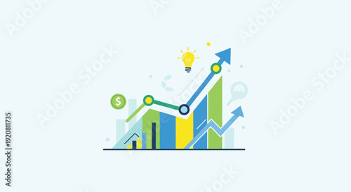 Illustrative graphic depicting growth finance and innovation with upward trends and a lightbulb a flat vector silhouette high quality professional detailed