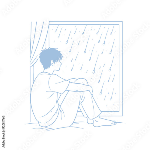 man sits by the window with rain illustration vector icon Vector illustration on a white background