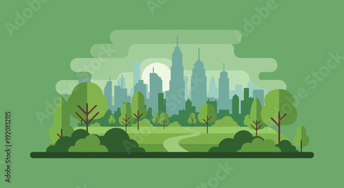 A stylized green landscape with a city skyline and trees in the foreground presented as a flat silhouette high quality professional