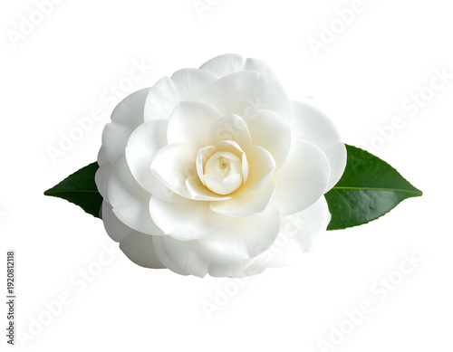 Fotografie Elegant white camellia flower with green leaves isolated on white background
