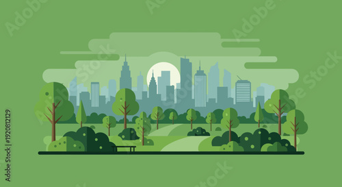 A serene park landscape overlooks a distant city skyline depicted in a flat minimalist silhouette high quality professional detailed modern elegant