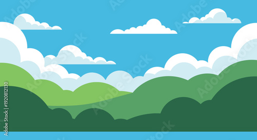 A vibrant landscape illustration depicts rolling green hills fluffy white clouds and a clear blue sky showcasing a bold silhouette