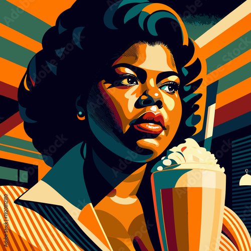 Portrait of a woman holding a milkshake in a diner during the day with colorful light patterns on the wall Generative AI