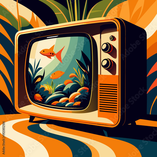 Vintage television displays swimming fish in a colorful and leafy environment Generative AI