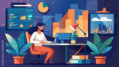 Working at a desk with computer and charts in an office during evening hours while surrounded by plants Generative AI
