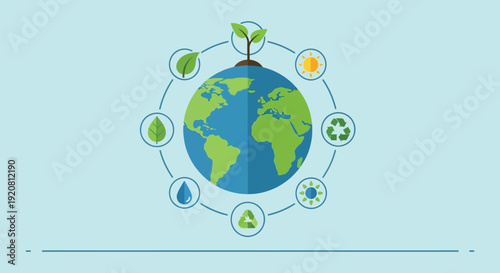 A vibrant earth illustration depicts sustainability concepts with circular icons showcasing environmental awareness a striking silhouette high quality professional detailed