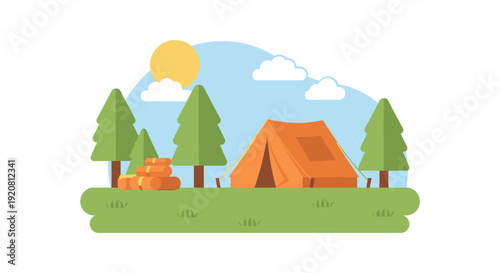 A vibrant landscape depicts a camping scene with trees a tent and a sun all presented as a silhouette high quality