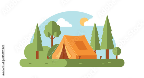 A vibrant camping scene depicts a tent nestled among trees under a sunny sky presented in a flat silhouette high quality