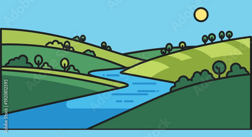 A vibrant landscape illustration depicts rolling green hills a winding river and a bright sun presented as a silhouette high quality