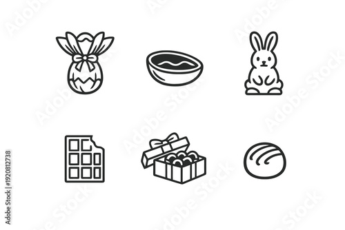 Outline Easter chocolate icons for spring promotions and festive campaigns. Editable stroke vector set optimized for UI and holiday branding.