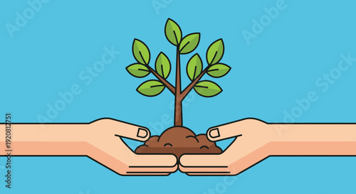 A pair of hands gently cradle a young plant sprouting from soil symbolizing growth and care a vibrant silhouette