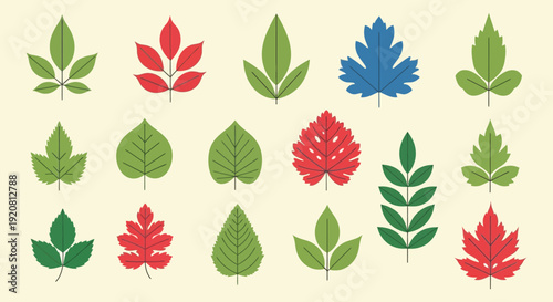 A vibrant collection of stylized leaves in red green and blue hues presents a botanical illustration silhouette high quality professional detailed