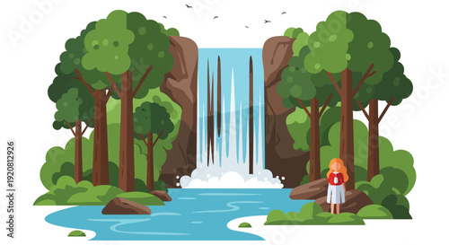 A vibrant illustration depicts a woman admiring a lush waterfall surrounded by trees a striking silhouette high quality professional detailed modern