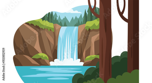 A vibrant illustration depicts a cascading waterfall framed by lush greenery and rocky formations a beautiful silhouette high quality professional detailed