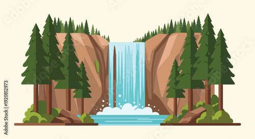 A vibrant landscape showcases a cascading waterfall framed by lush evergreen trees presented as a striking silhouette high quality professional detailed