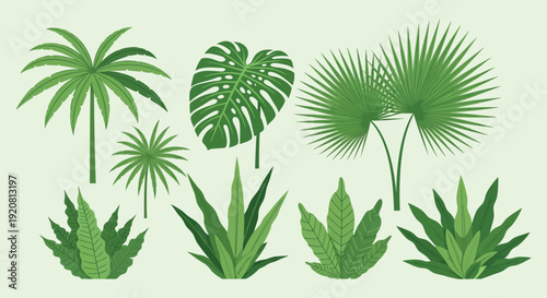 A vibrant collection of tropical foliage featuring diverse leaf shapes and textures presented as a bold silhouette high quality professional detailed