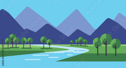 A peaceful landscape scene depicts mountains trees and a winding river showcasing a distinct silhouette high quality professional detailed modern elegant