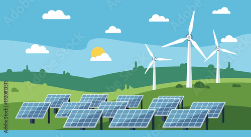 A vibrant landscape featuring wind turbines solar panels and a bright sun presented as a flat silhouette high quality professional detailed