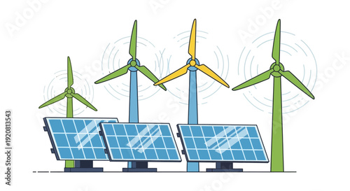 A colorful illustration depicts wind turbines and solar panels showcasing renewable energy sources in a dynamic silhouette high quality professional detailed