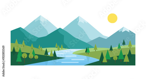 A minimalist landscape depicts mountains a winding river and trees under a bright sun creating a peaceful silhouette high quality professional