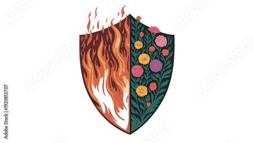 A unique illustration of a shield with a fiery side and a flowery side.