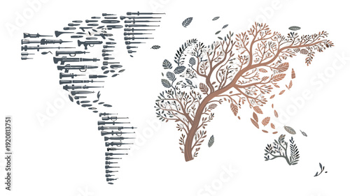 World map silhouette, with one side of weapons and the other with flora and fauna.