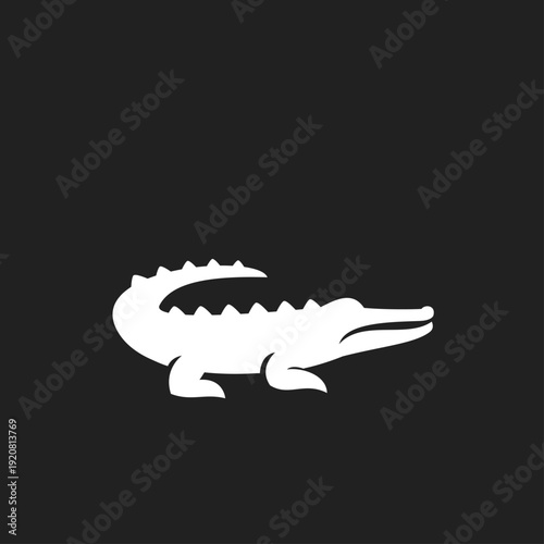 White Alligator or Crocodile Silhouette Logo Icon on Black Background