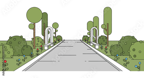 A symmetrical illustration depicts a road lined with trees and archways presenting a striking silhouette high quality professional detailed modern elegant