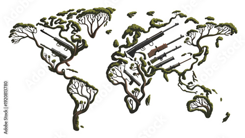 World map composed of weapons and trees, symbolizing global conflict.