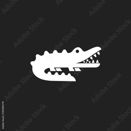 Stylized White Crocodile Alligator Head Icon with Open Mouth and Sharp Teeth on Black Background