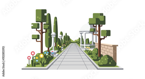 A pixelated garden path leads toward classical architecture rendered in a flat minimalist silhouette high quality professional detailed modern elegant stylish