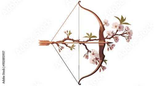 A creative bow and arrow decorated with blooming flowers.