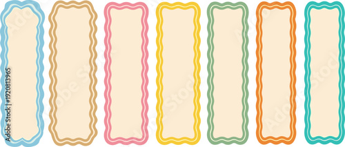 Colorful scalloped frame collection, retro wavy border templates with pastel outlines, decorative vertical label set isolated