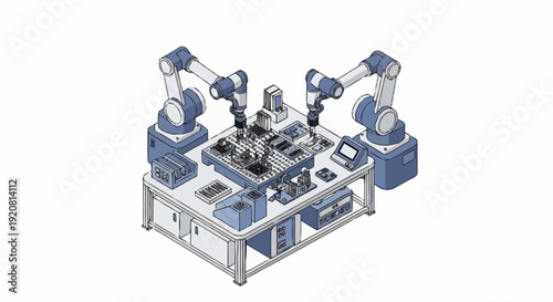 Industrial robotic arms assembly line workstation with multiple machines.
