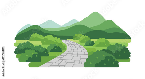 A winding stone path leads towards lush green hills showcasing a charming landscape illustration silhouette high quality professional detailed modern elegant