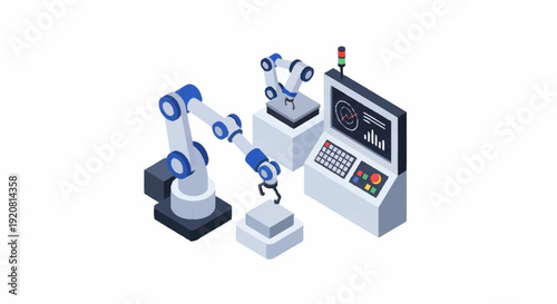 Industrial robots working together with control panel.