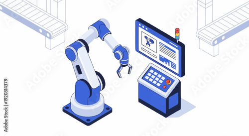 Industrial robotic arm operating with control panel and digital interface.