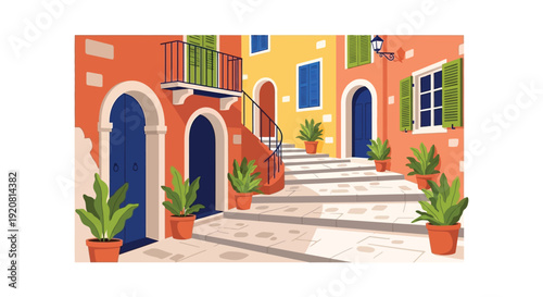 A vibrant illustration of a mediterranean street scene with colorful buildings steps and potted plants silhouette high quality professional detailed modern
