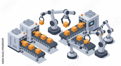 Industrial robotic arms assembly line with conveyor belts and machinery.