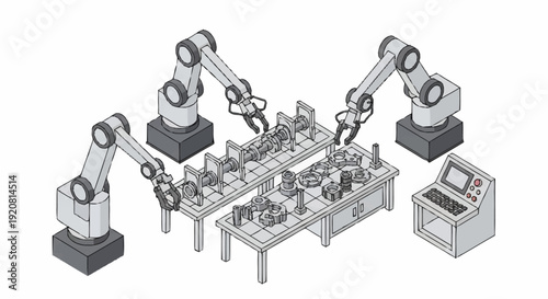 Industrial robotic arms assembling parts on a production line.